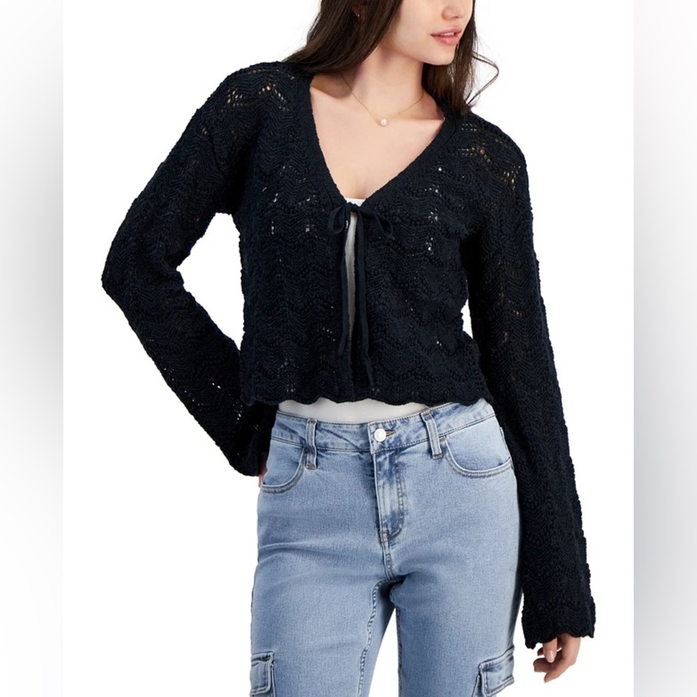Sugar Moon' Tie-Front Cropped Scalloped-Hem Cardigan XL